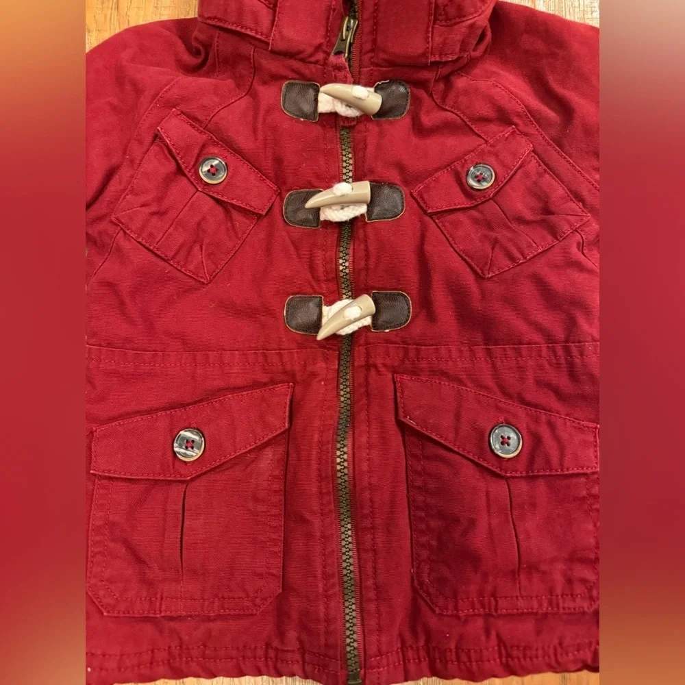 OshKosh B'gosh Red Hooded Plaid Lined Toggle & Zip Cozy Jacket 18M Fisherman
